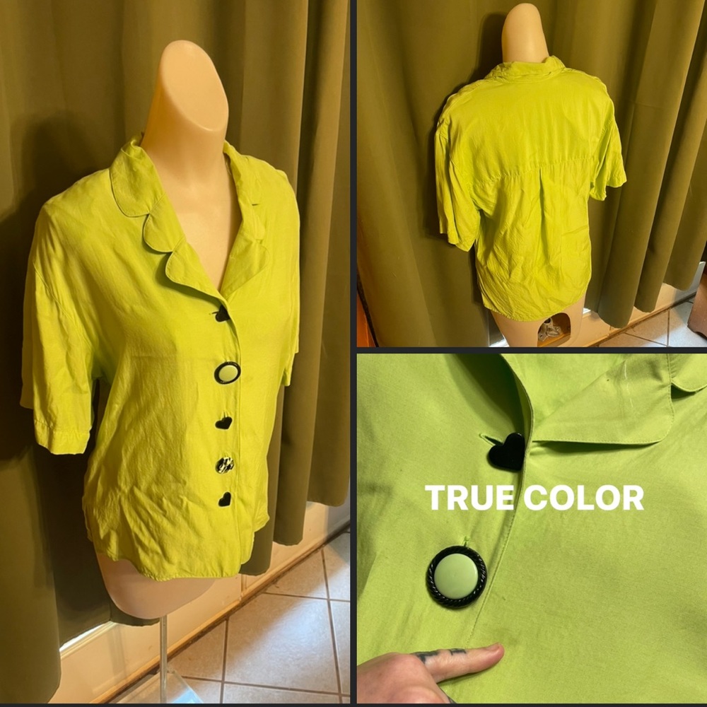 Vintage Whimsical Lime Green Button Up Blouse Med Lime Green and Black Blouse M